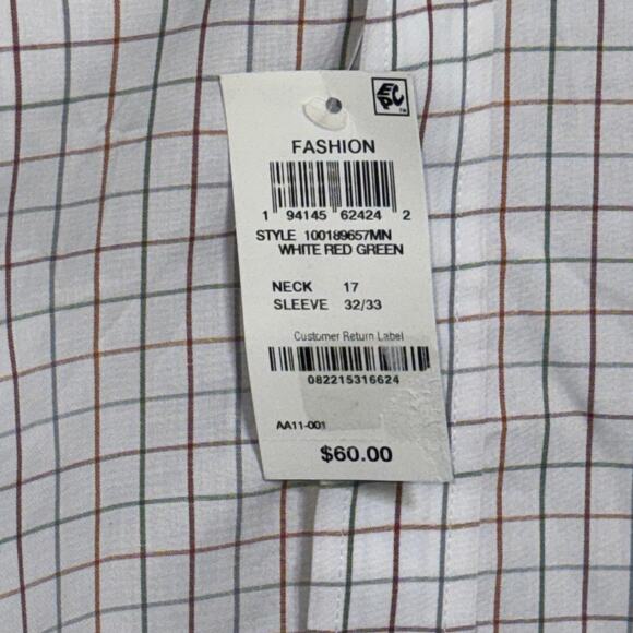 Club Room Men's Window Plaid Dress Shirt, White/red/green 17 32/33 $60 - Picture 6 of 6